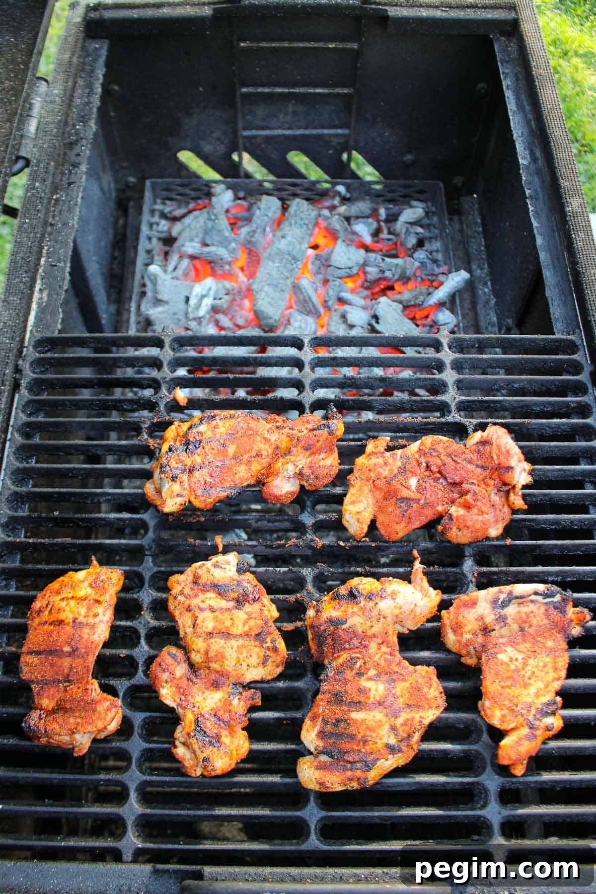 The chicken thighs charring over the coals.