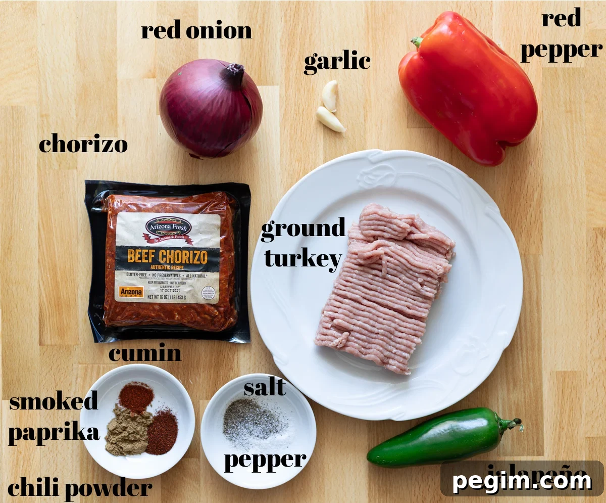 ground turkey, seasonings, vegetables on table. 