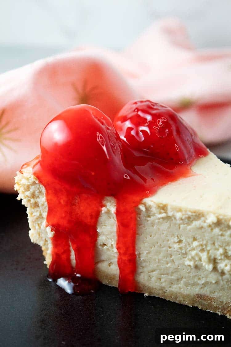 sideview closeup of keto strawberry cheesecake on a black serving dish topped with three strawberries
