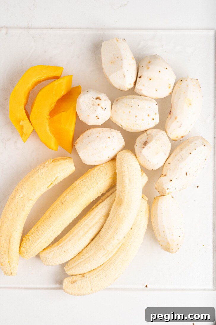 Peeled banana, plantain, squash and more.