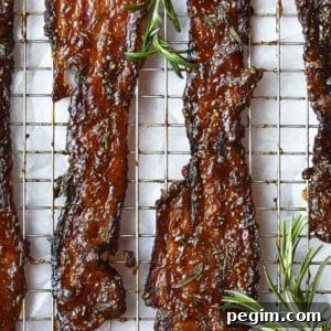 Candied bacon with rosemary on a wire rack.