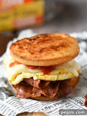 Toaster cake breakfast sandwich with bacon, egg, and cheese on deli paper.