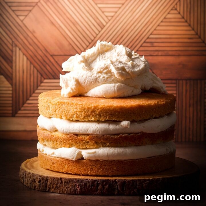 Three layers of orange olive oil cake filled with mascarpone frosting.