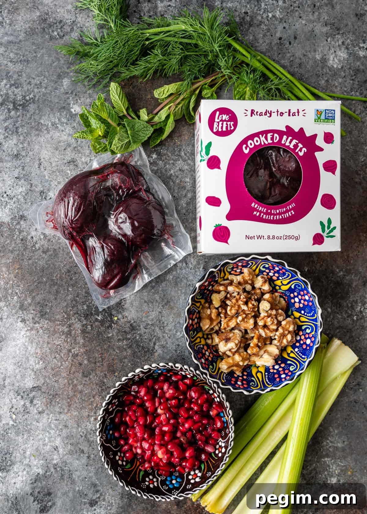 overhead: ingredinets needed for Turkish beet salad