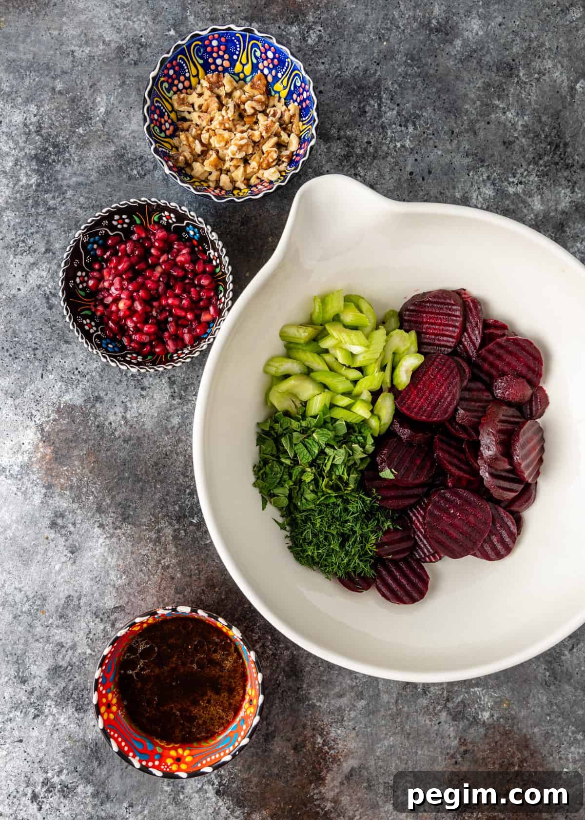 overhead: prepared ingredients for Cevizli Pancar in a bowl