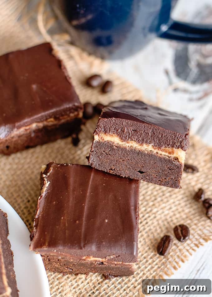 a brownie propped against a second brownie showing the layers with coffee beans and a piece of burlap 