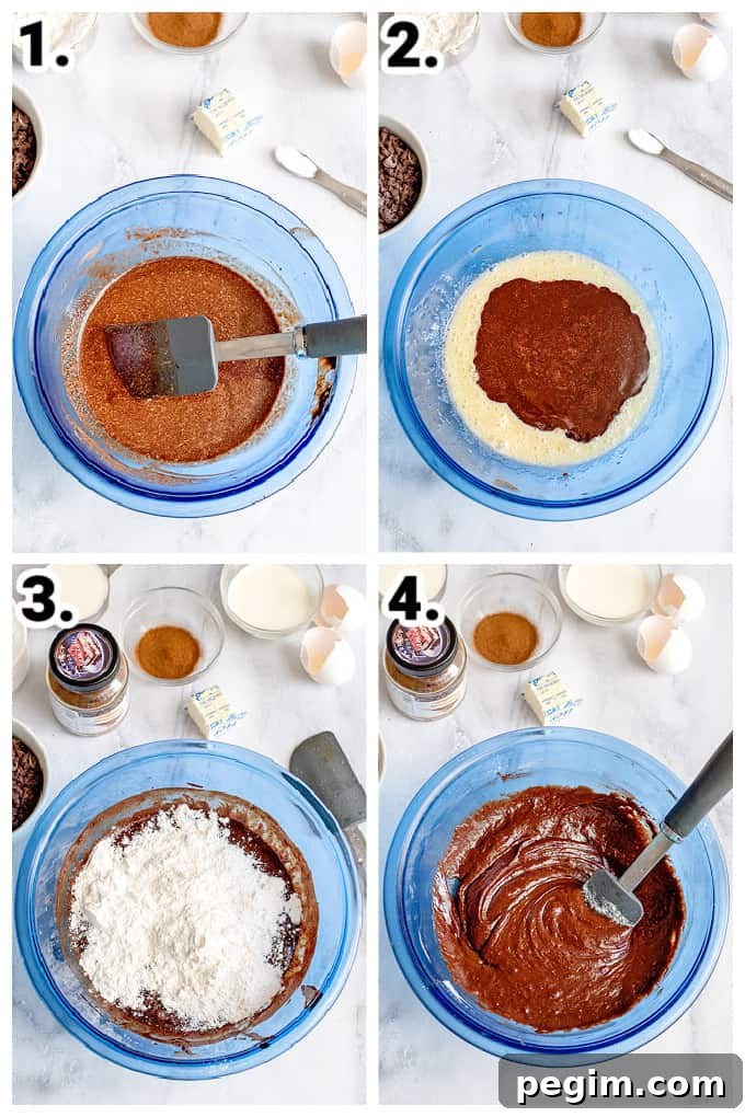 collage of photos adding ingredients to a blue bowl to make brownies