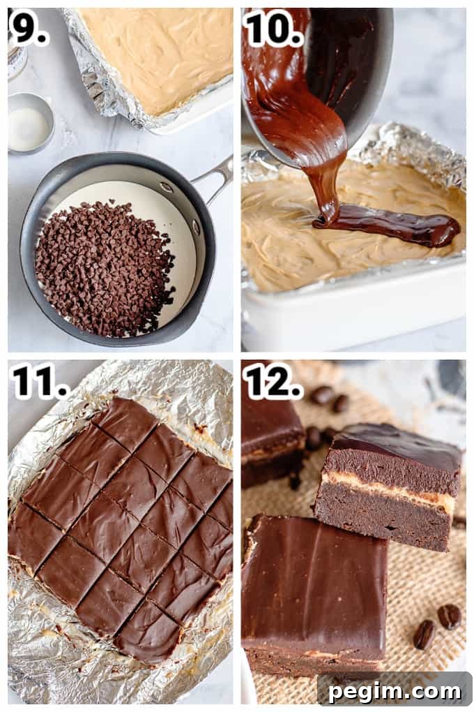 collage showing how to make ganache and adding it to the coffee brownie