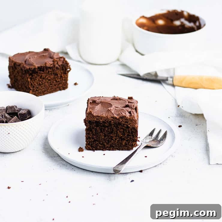 Close up of a square slice of chocolate coffee cake with dark chocolate frosting on a white plate. A bowl of chocolate, a knife with a wooden handle, a bottle of milk and another plated slice are in the background.