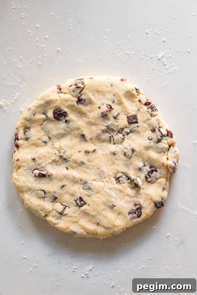Chocolate Cherry Almond Scones Recipe — Tender, Flaky & Rich 7 scone dough rolled into a circle