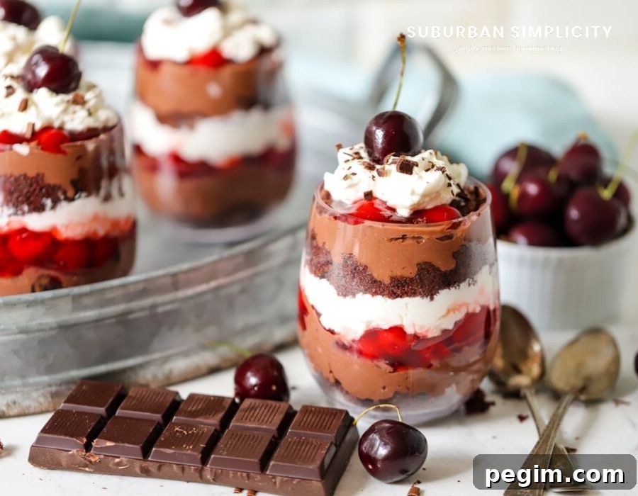 Cherry Chocolate Trifle with chocolate squares in front