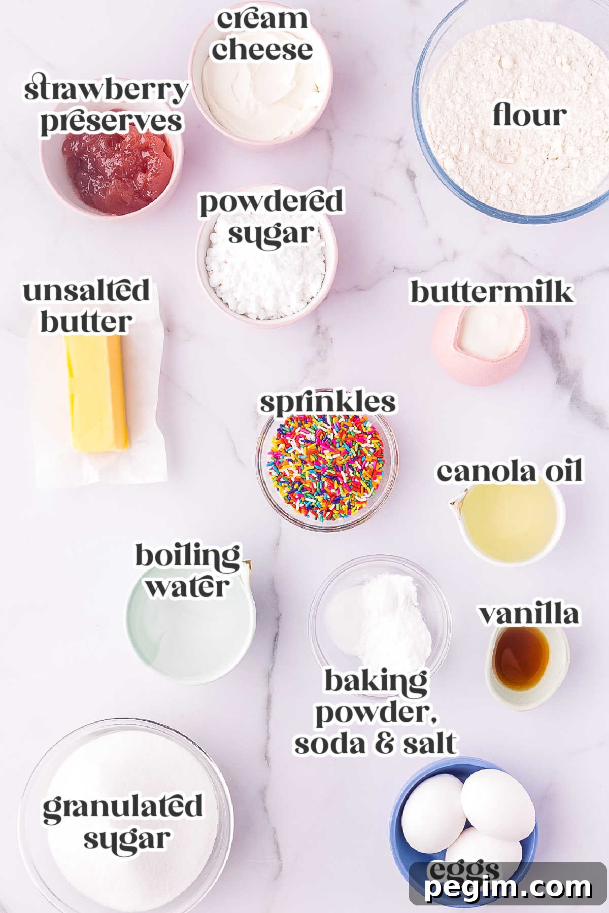 The funfetti sheet cake recipe ingredients with text overlay labeling each.