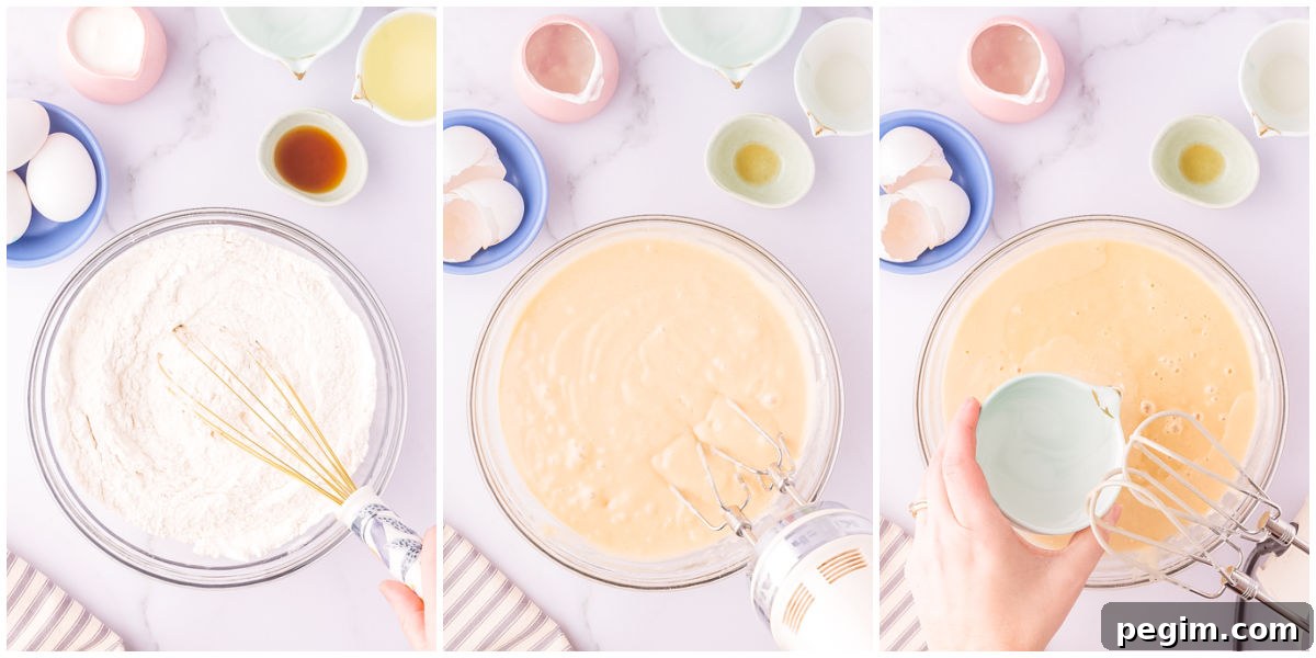 The funfetti cake ingredients mixed together in a glass bowl.