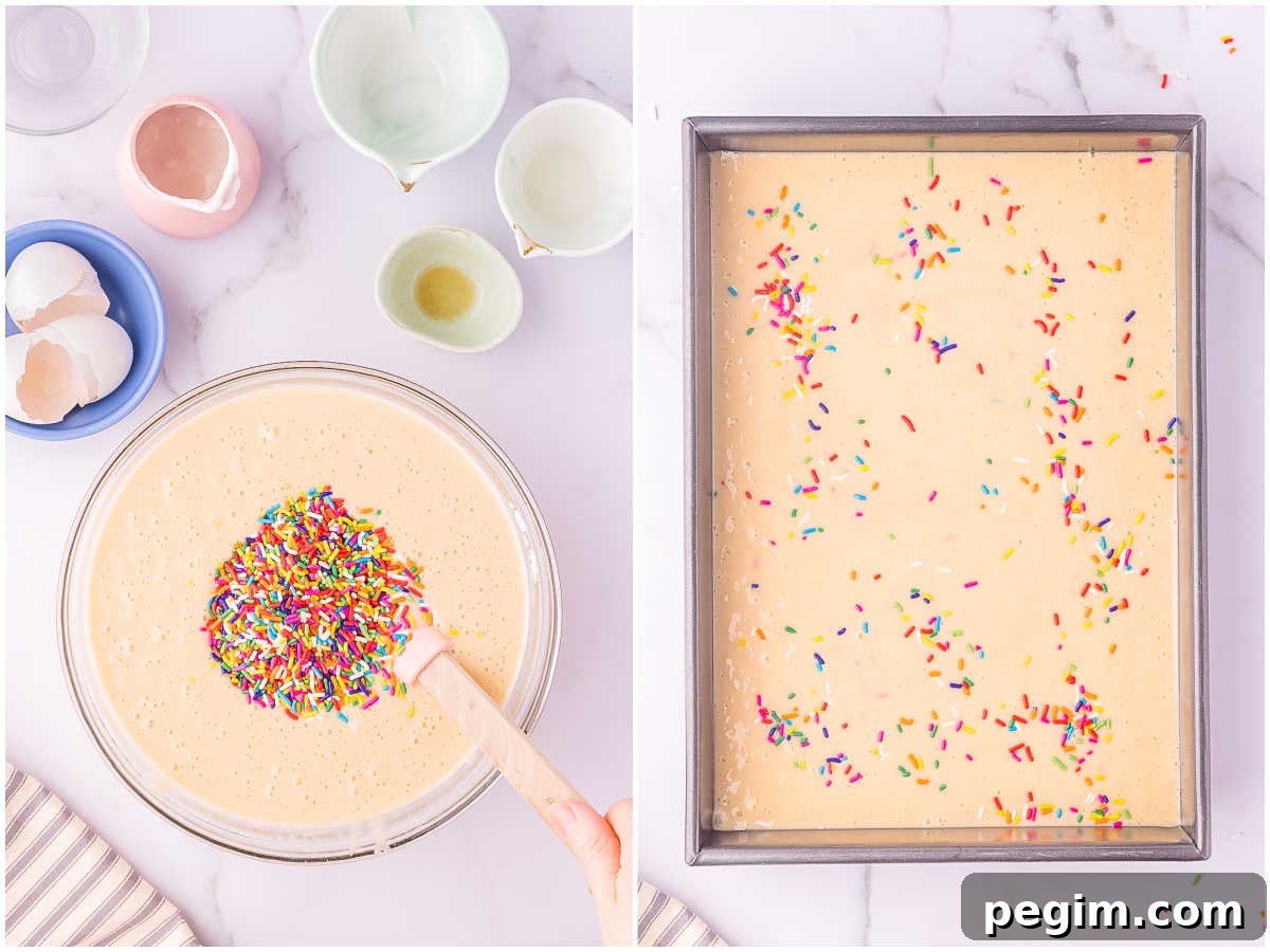 Rainbow sprinkles added to the batter and the batter poured into a 9 by 13-inch cake pan.