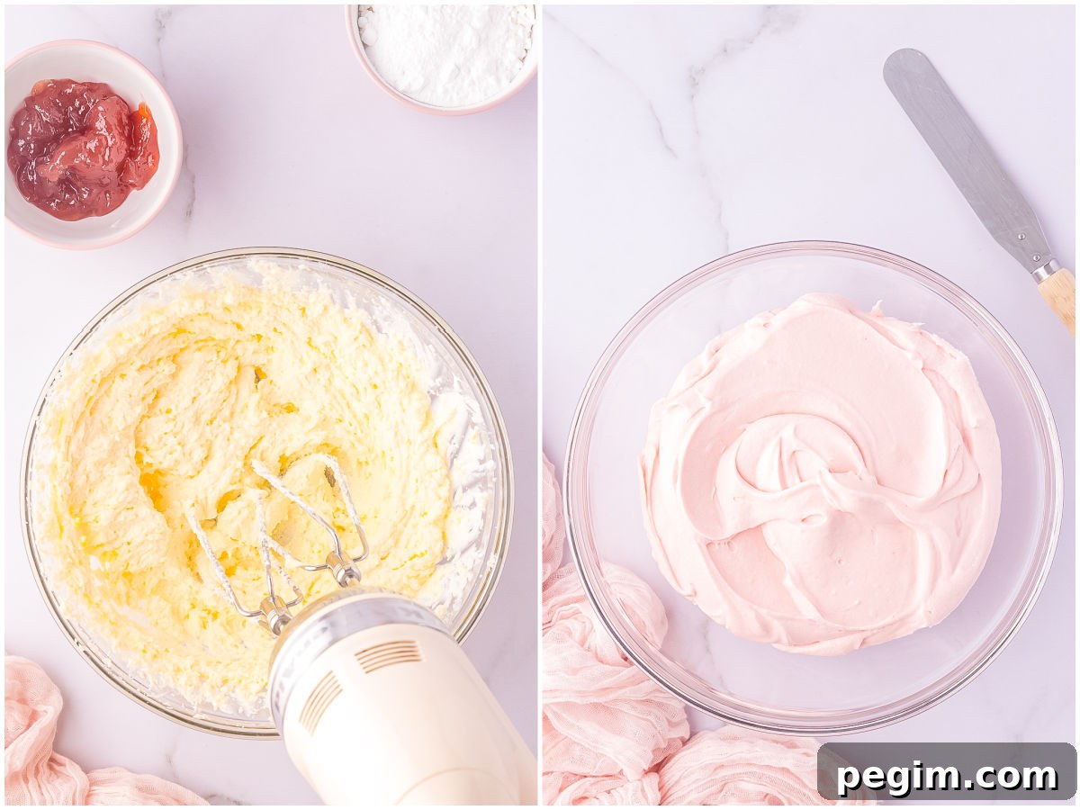 The strawberry cream cheese frosting mixed together in a bowl.