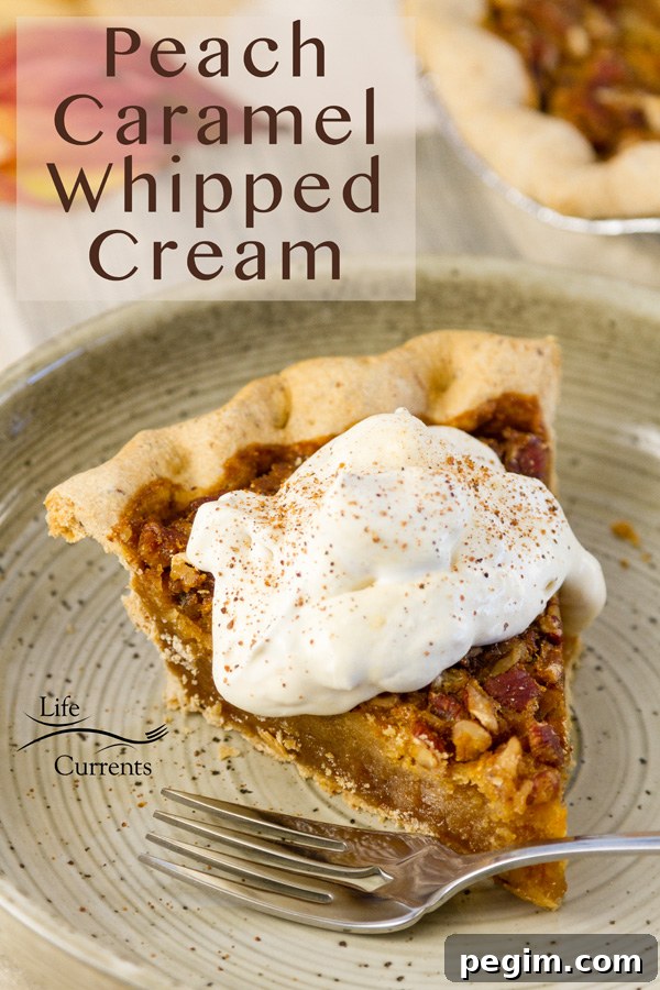 Peach Caramel Whippd Cream over a piece of pecan pie with a fork on a speckled plate