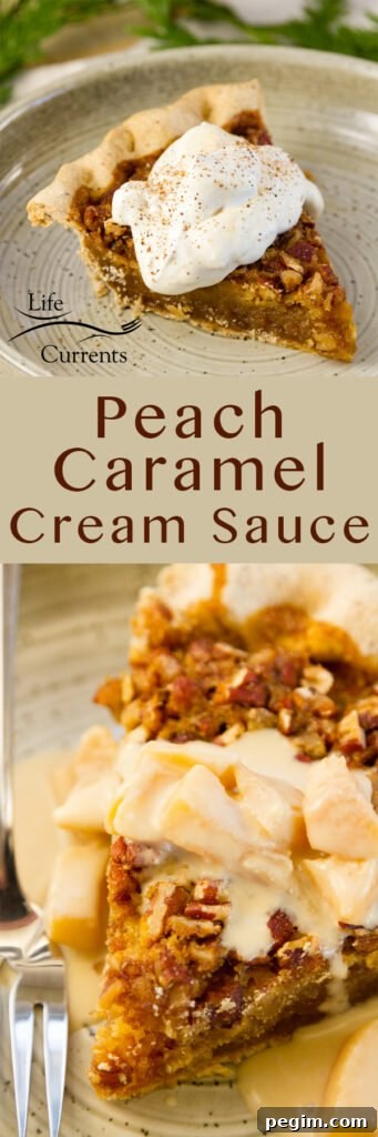 long pin for pinterest with two images for Peach Caramel Cream Sauce