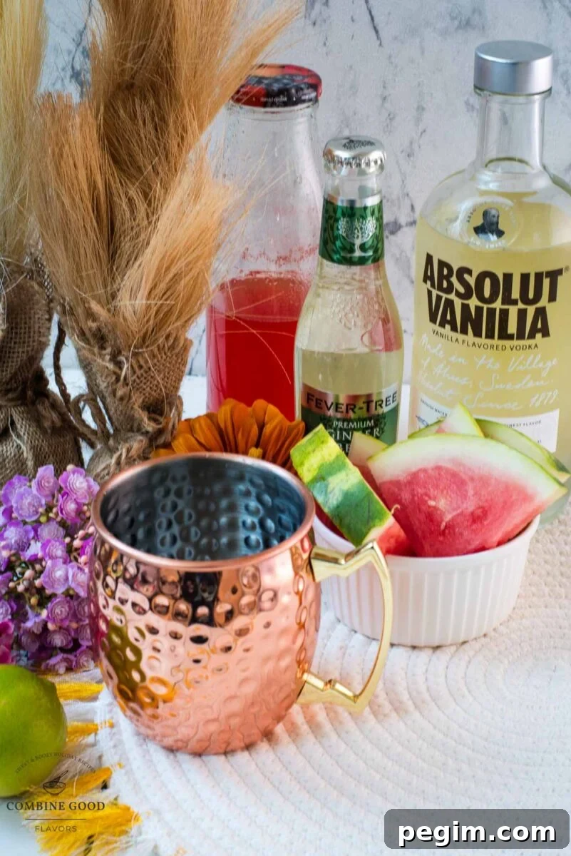 Ingredients watermelon Moscow mule - watermelon syrup, vanilla vodka, ginger beer, and fresh lime juice.