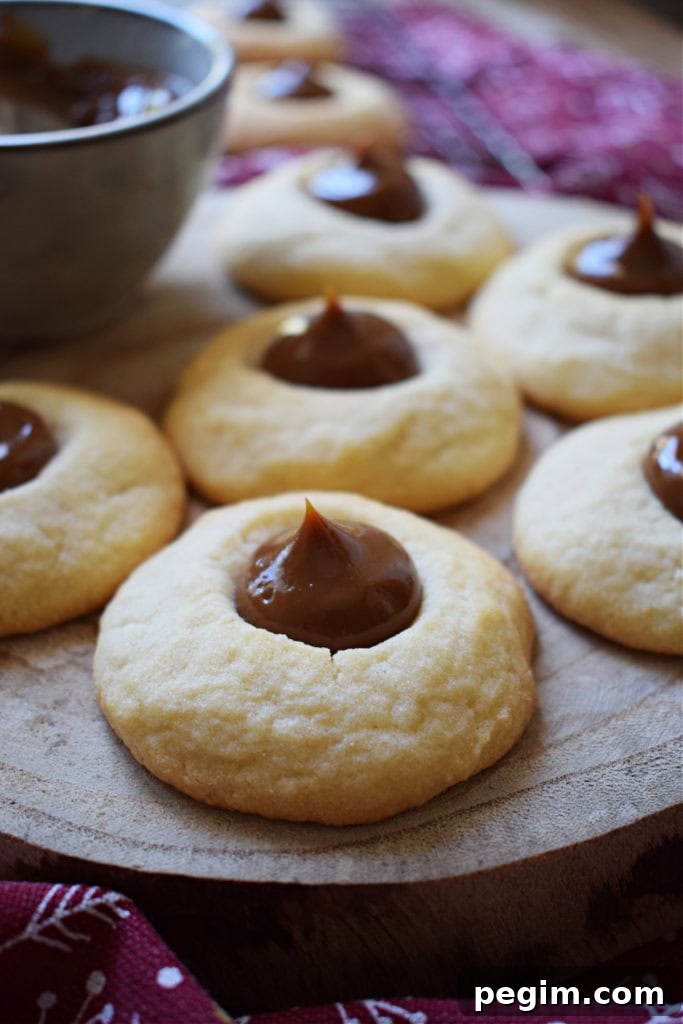 close up of the dulce de leche thumbprint cookies