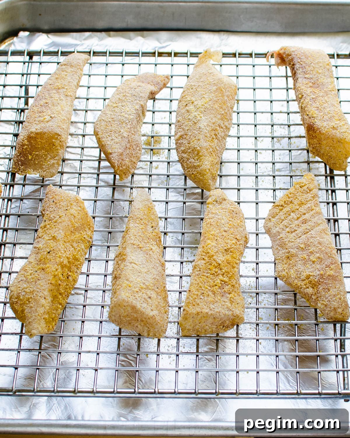Baking the cornmeal crusted fish on a wire rack.