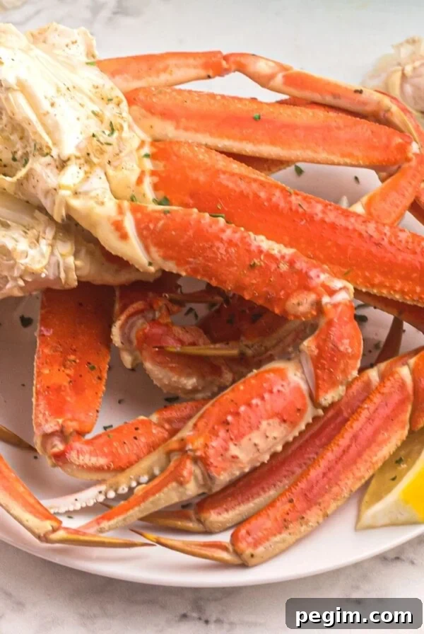 Orange crab legs on a white plate, served with lemon slices.