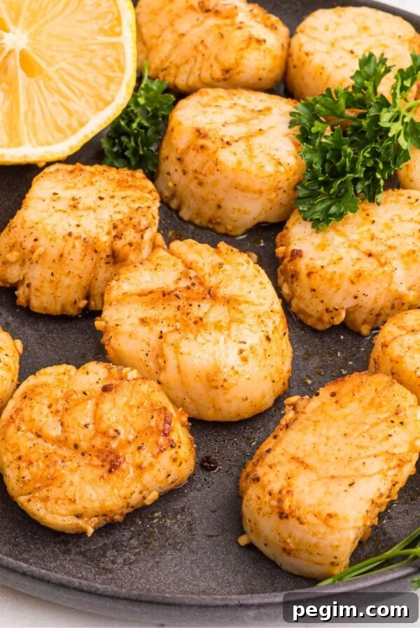 Golden juicy scallops on a dark plate.