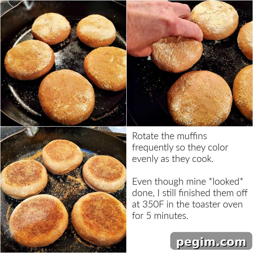 Collage of 3 images showing cooking spent grain English muffins in a cast-iron pan.