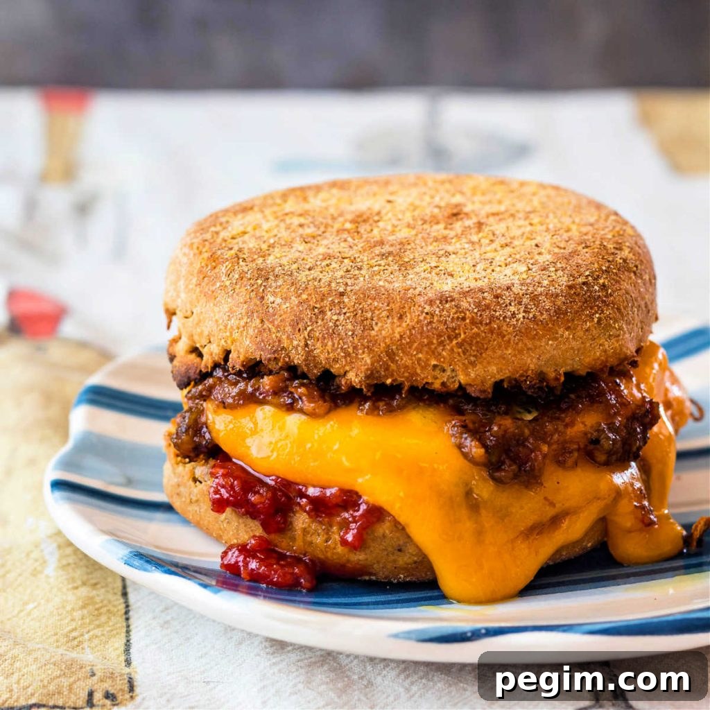 A close up of a breakfast sandwich with melting cheese dripping down the sides.