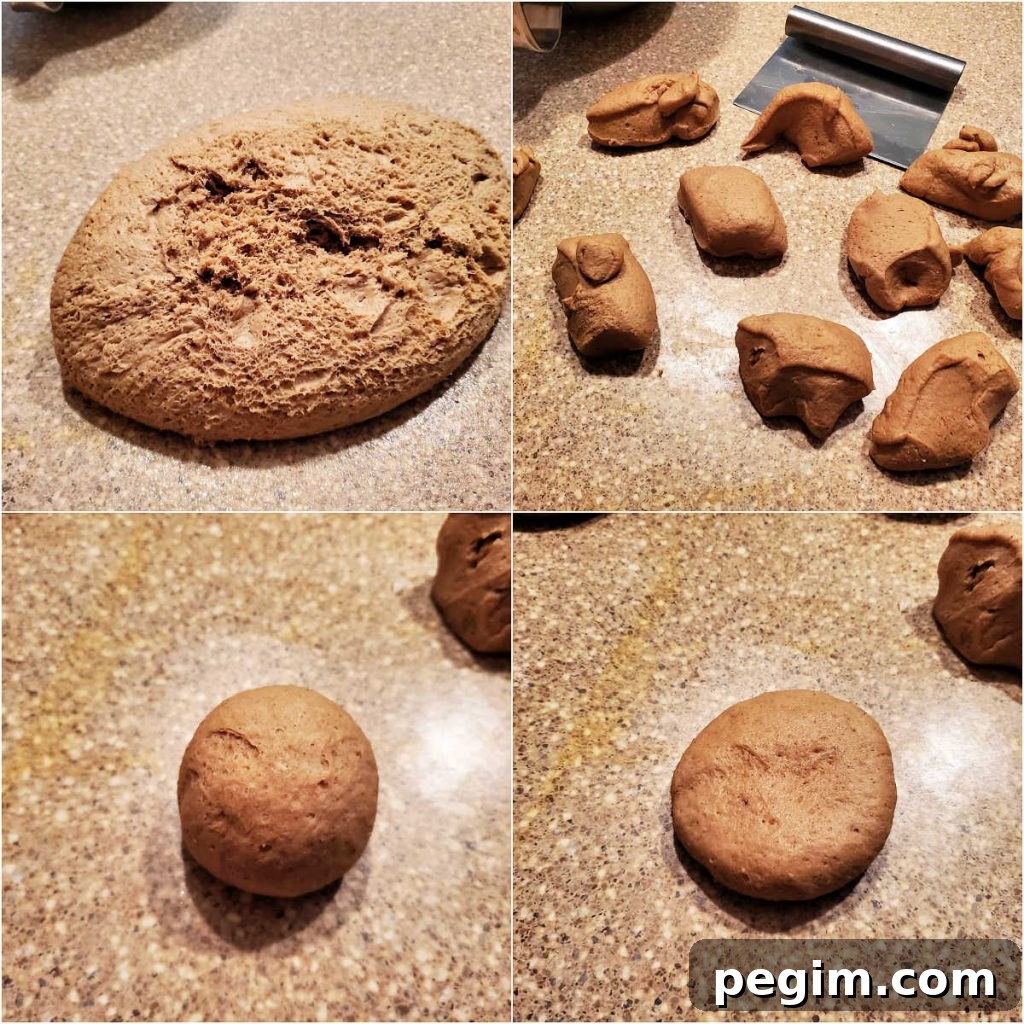 A collage of 4 images showing the dough after rising, the dough cut into 10 pieces, a piece shaped into a ball, and that same piece flattened into a disc.