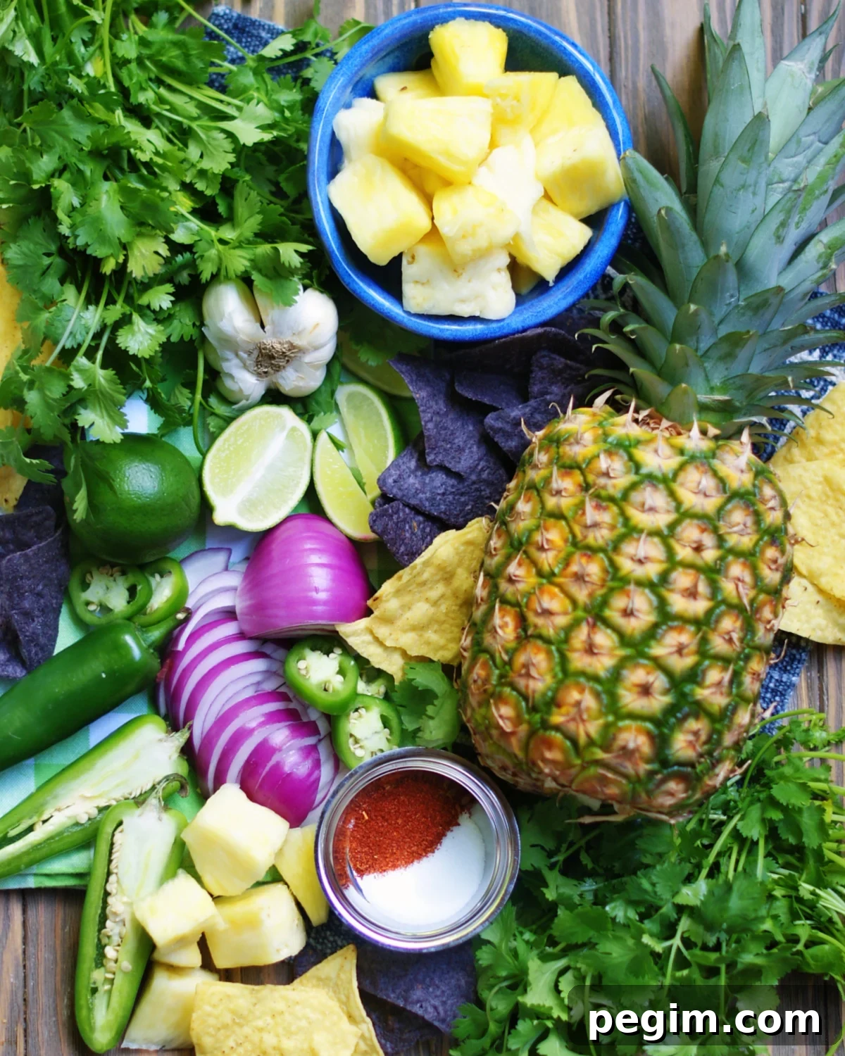 ingredients to make fresh pineapple salsa to eat as a dip or use as a topping
