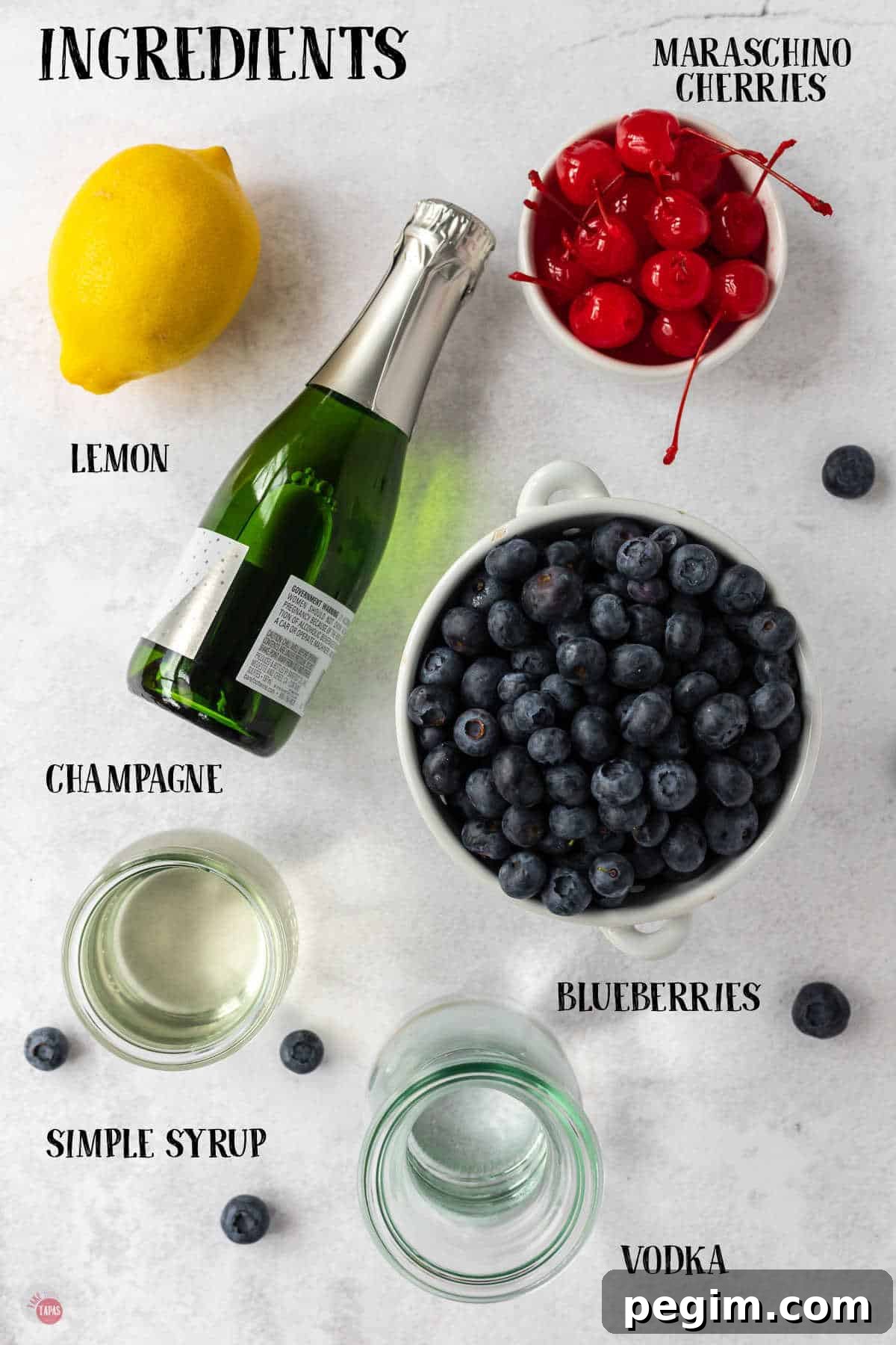 labeled picture of champagne cocktail ingredients