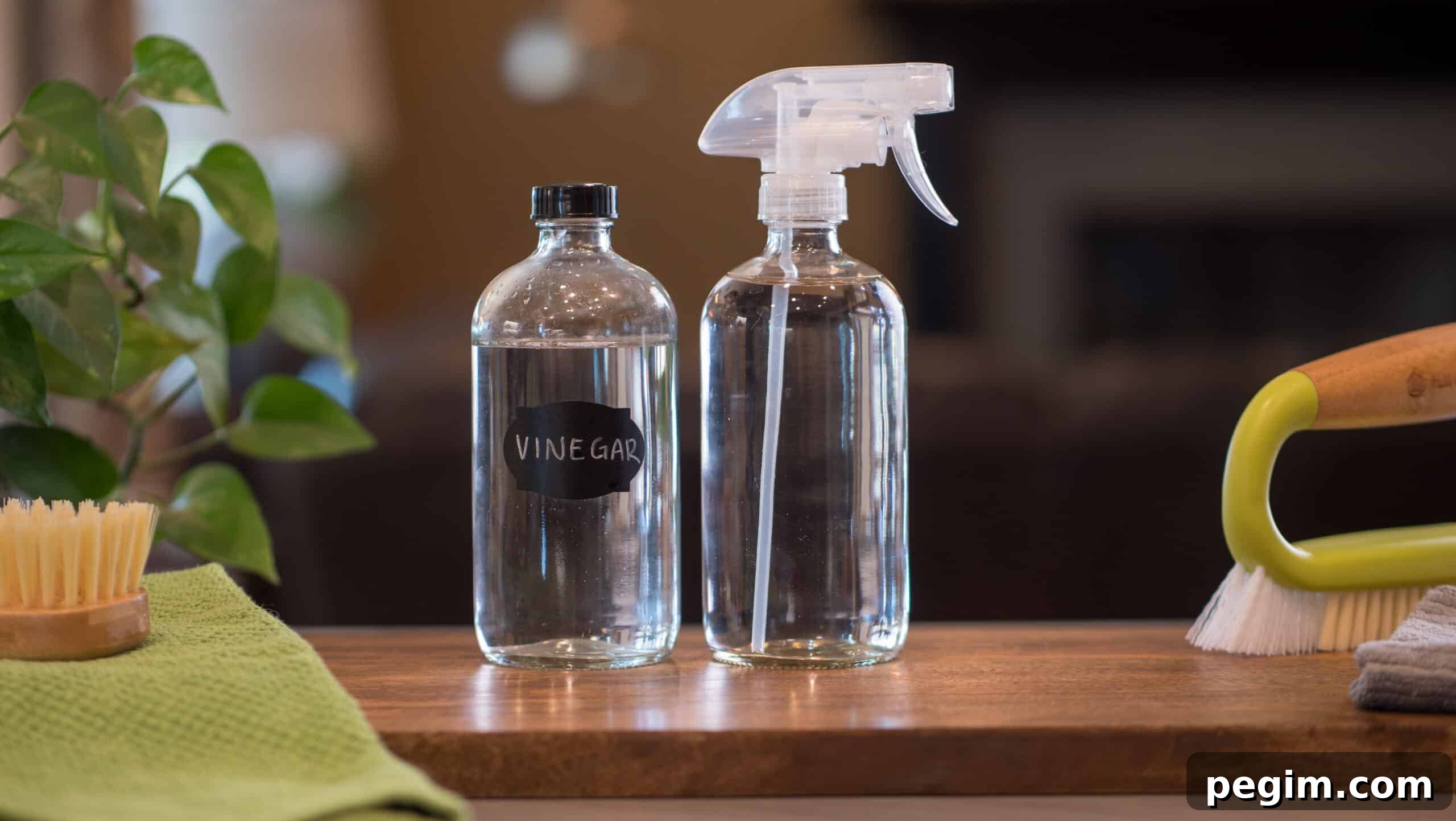 Bottle of water and vinegar on counter.