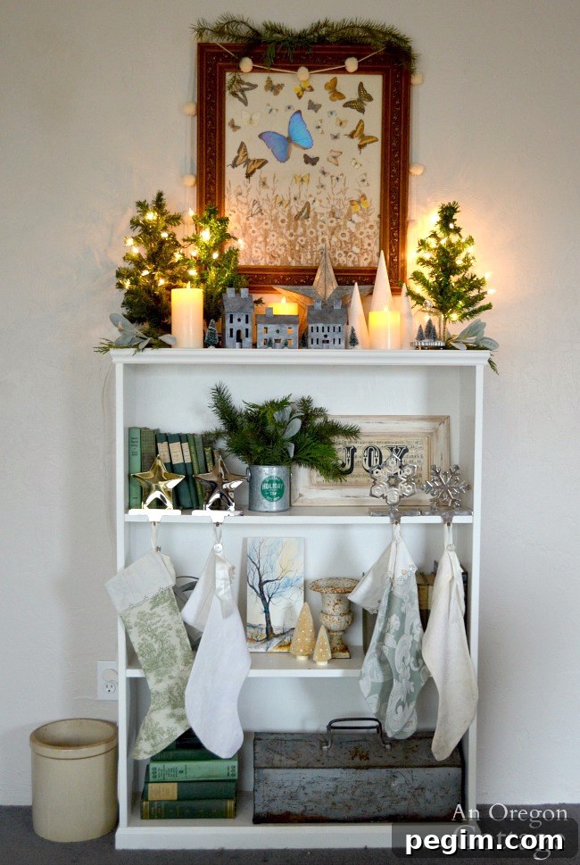 Green-Buffalo plaid Christmas Decor-bookshelf mantel
