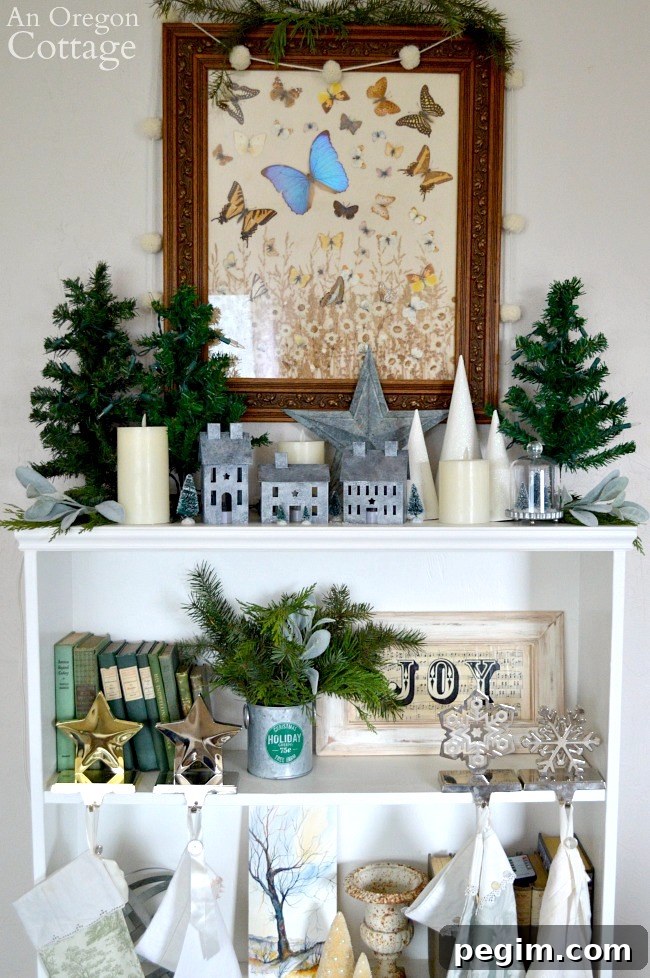 Green-Buffalo plaid Christmas Decor-unlit bookshelf mantel