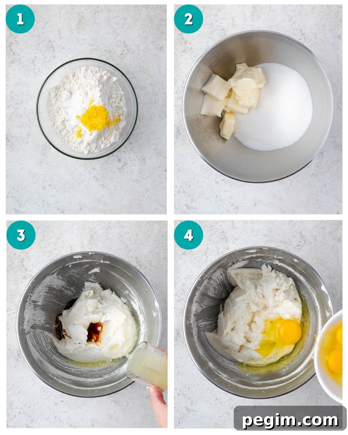 Step by step photos showing the butter and sugar being creamed together, the addition or vanilla and lemon juice, and the eggs being mixed into the cake batter.