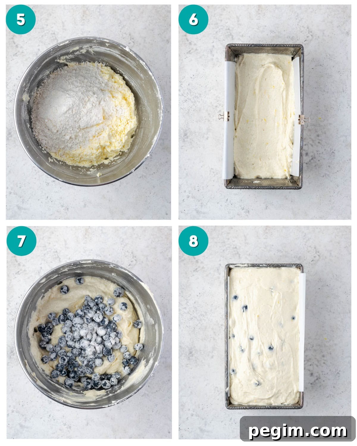 Pound cake batter being spread into a loaf pan, blueberries added to the remaining batter and a filled loaf pan waiting to be baked.