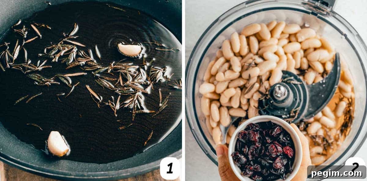 Two panel grid of process shots - sautéing olive oil, rosemary, and garlic, and combining all ingredients to blend in the food processor.