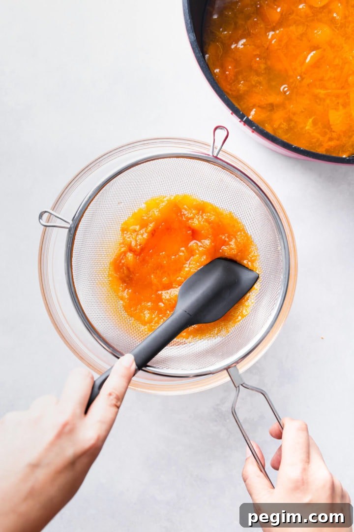 overhead view of a person pushing cooked apricots through the fine metal sieve into a bowl