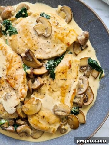 Close up of a full plate of chicken with creamy mushrooms