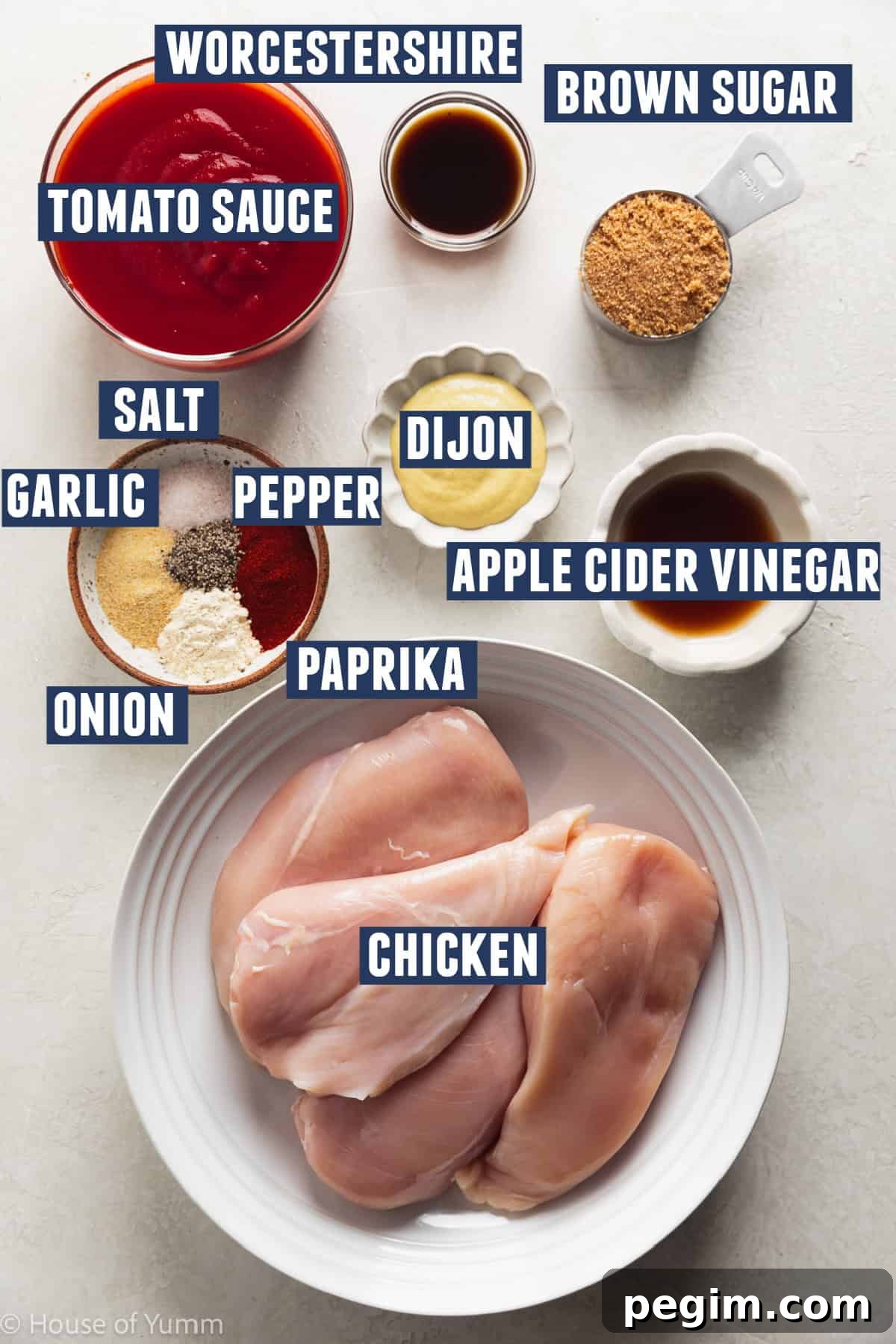 Ingredients needed to make bbq pulled chicken with a homemade bbq sauce.