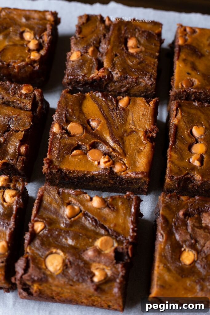 Top down angle view of the pumpkin butterscotch brownies.