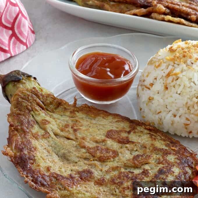 eggplant omelette on a plate with steamed rice and ketchup.