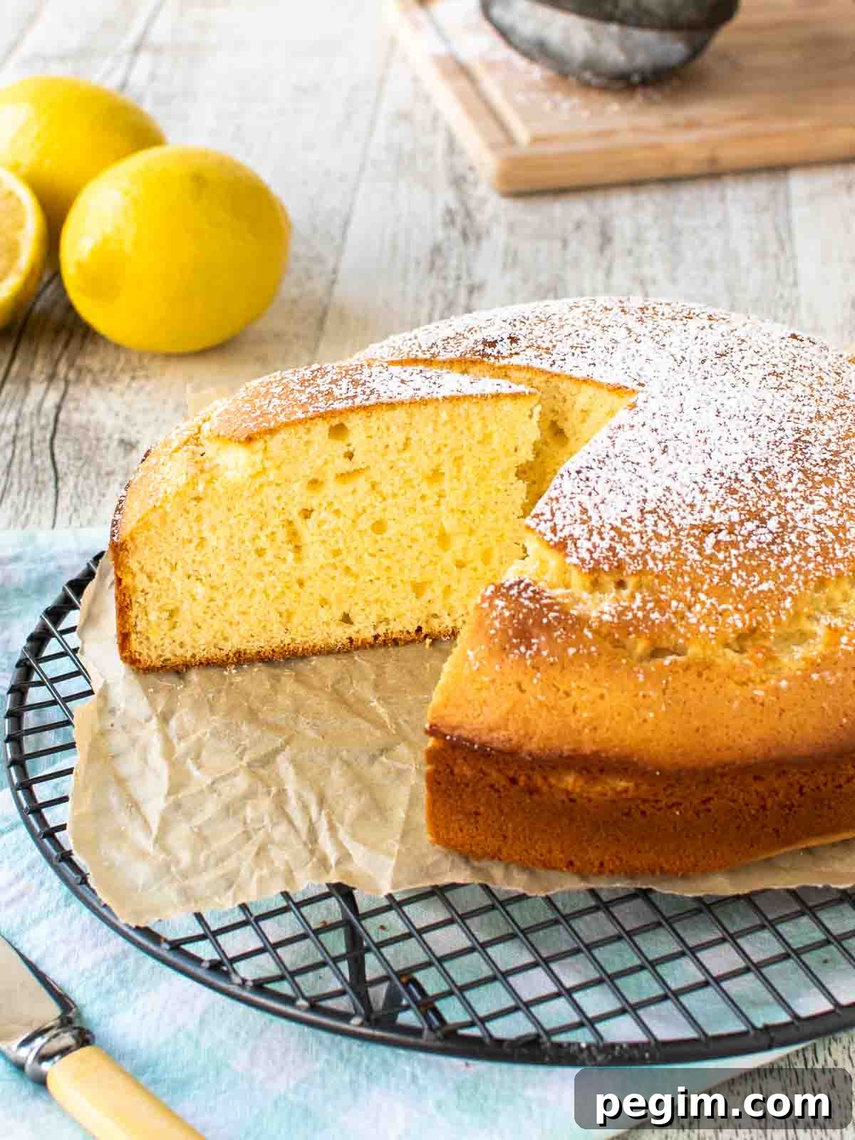 Italian Lemon Cake with a slice removed on a black wire cooling rack with lemons in the background.