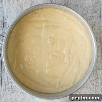 Cake batter in a round cake pan viewed from above.