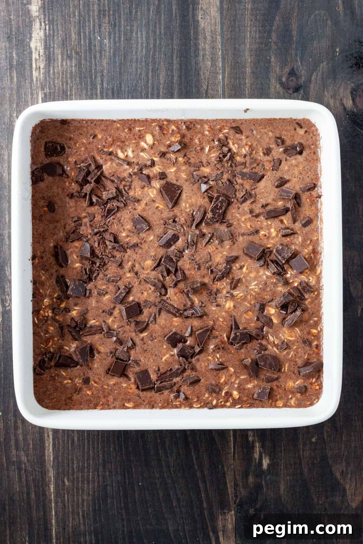 Chocolate baked oatmeal in a 8-inch square pan.