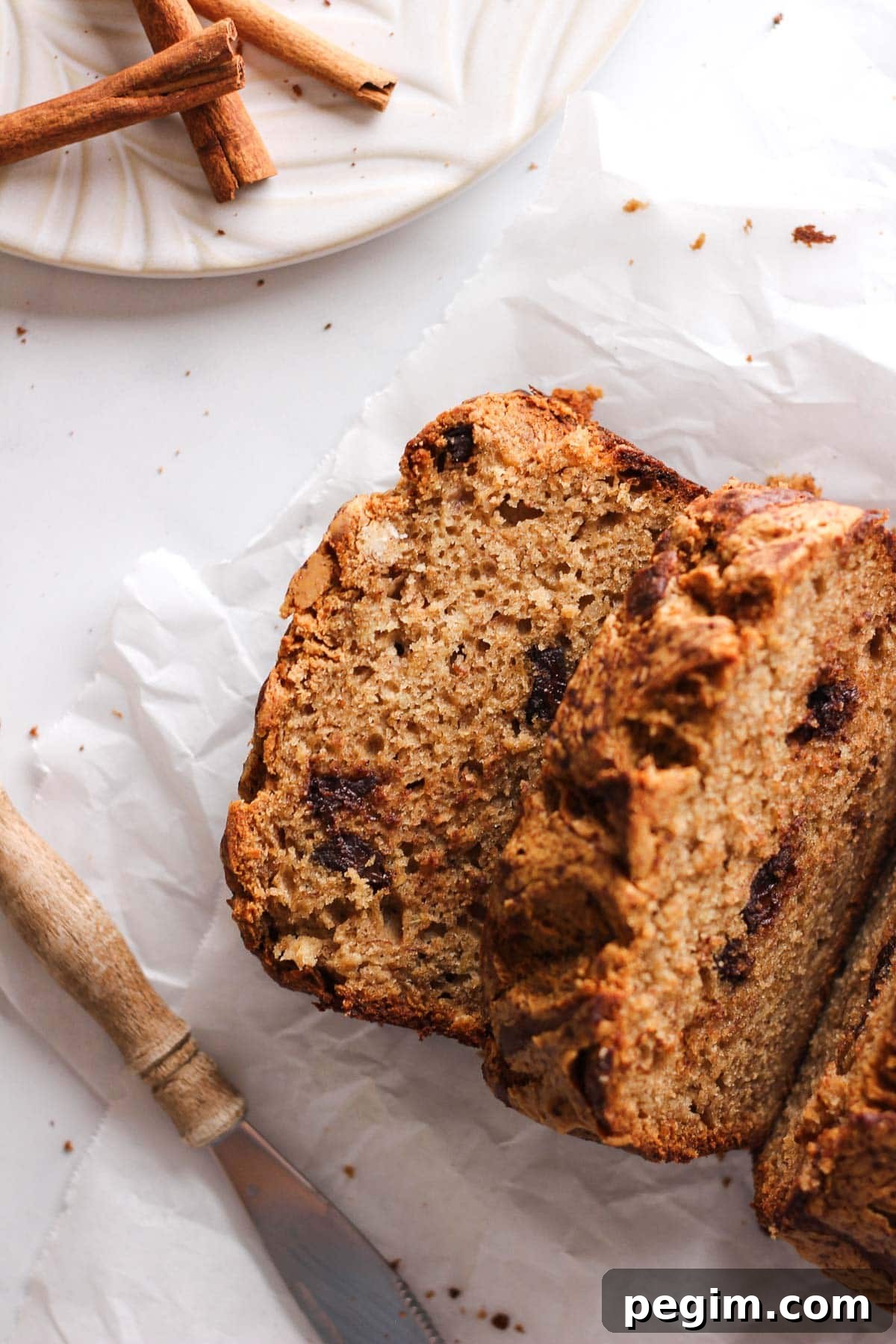sliced peanut butter banana bread for baking blog and food photography