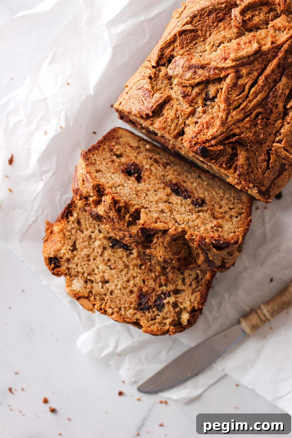 sliced peanut butter banana bread for baking blog and food photography