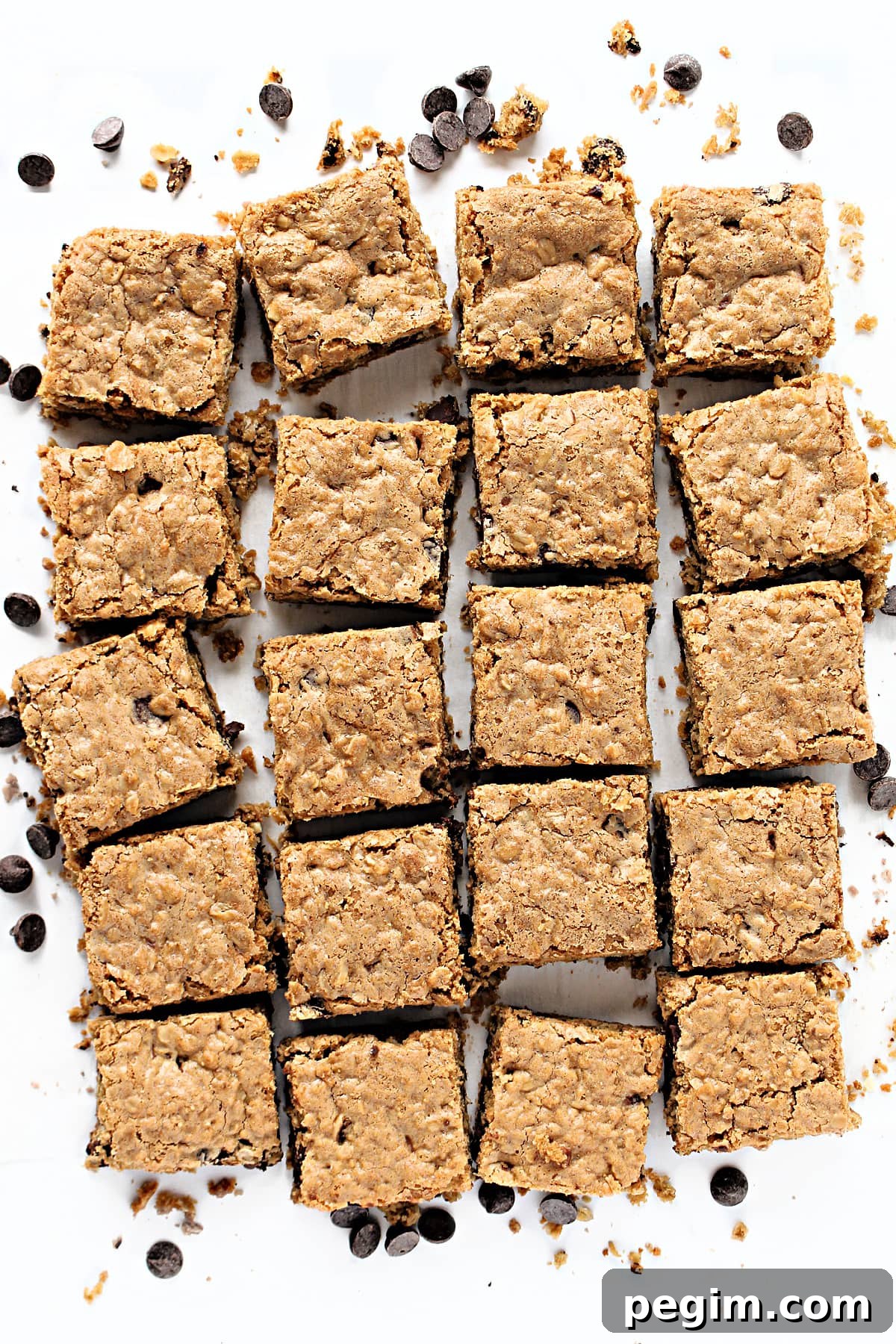 Overhead view of oat bars cut in squares.