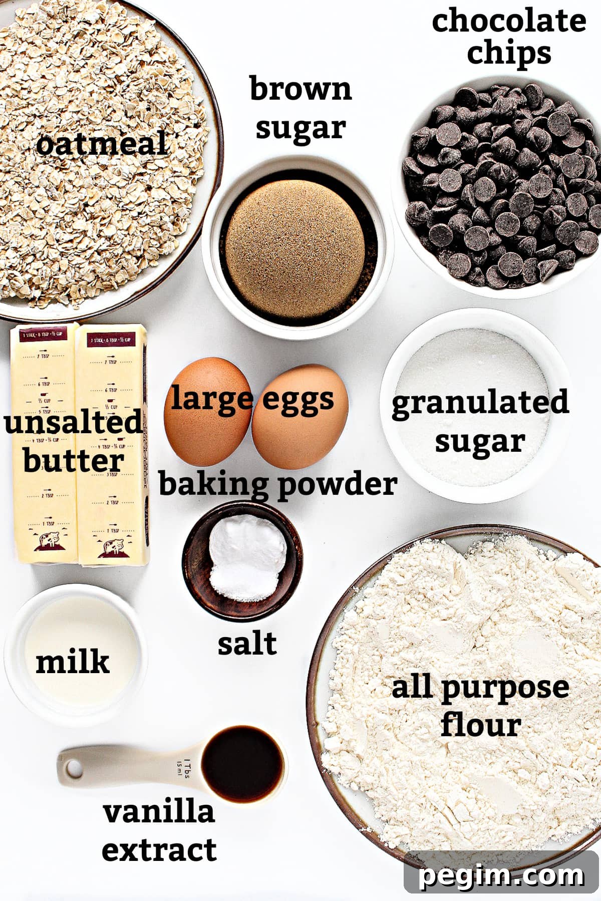 Ingredients: oats,chocolate chips, brown sugar, white sugar, eggs, butter, milk, salt, baking powder, flour, vanilla.