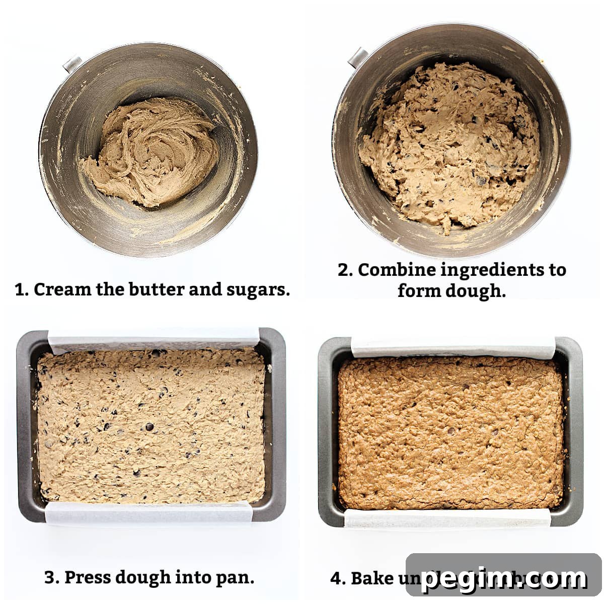 Instructions: cream butter and sugars, combine all ingredients to form dough, press into pan, bake.